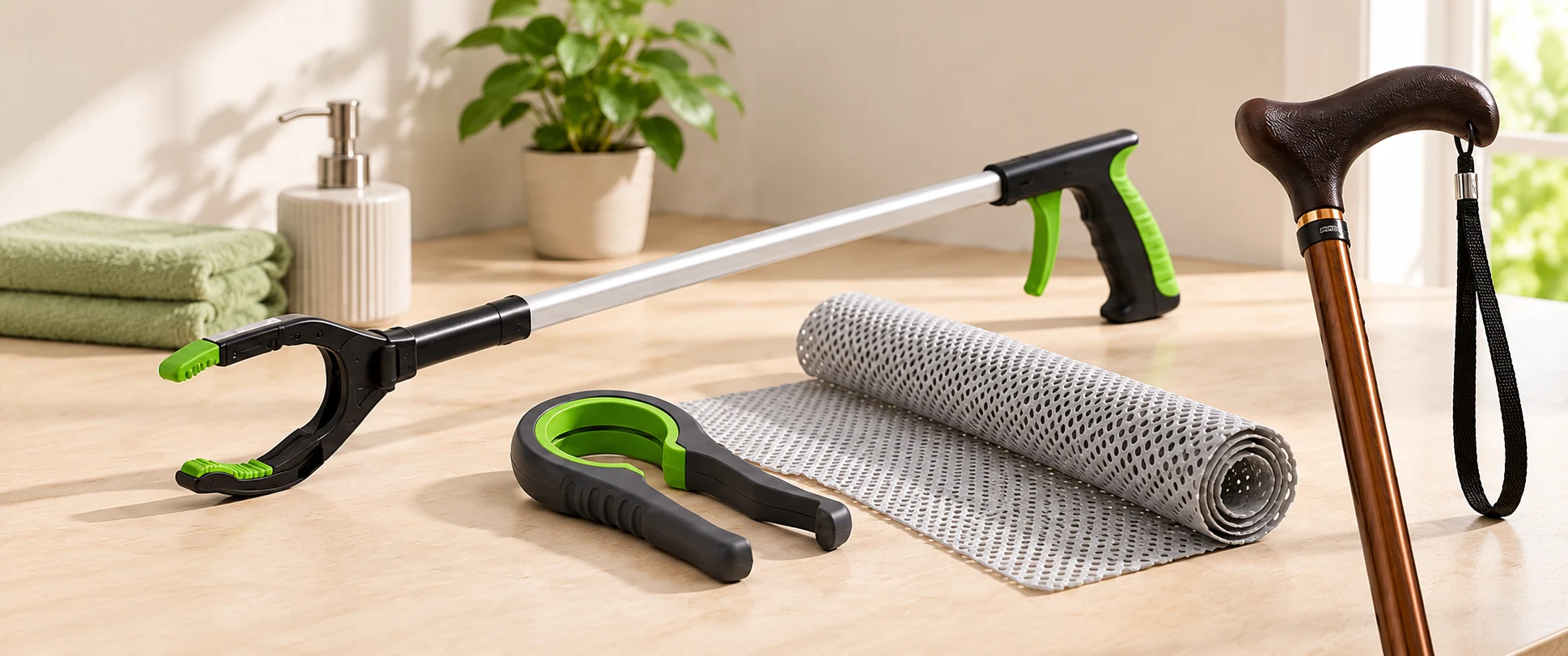A reacher, jar opener, non-slip mat and walking stick in a bright home